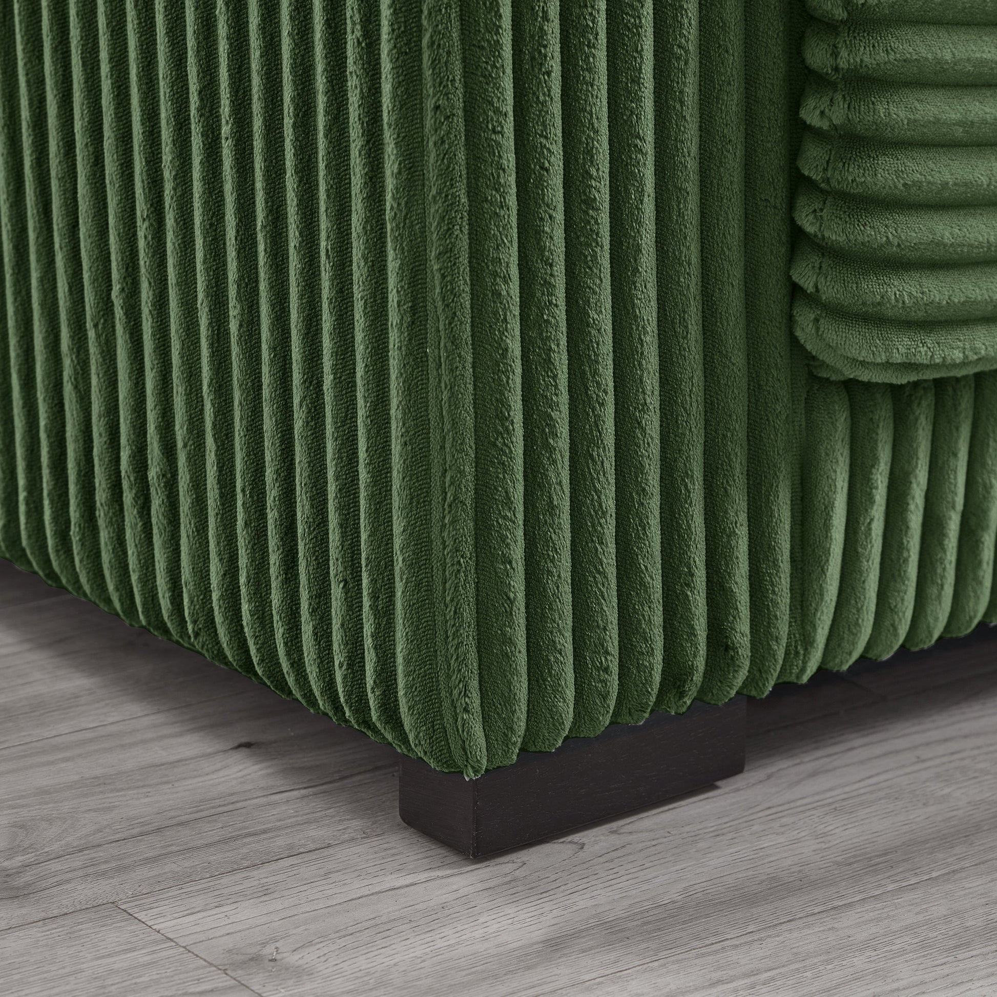 93in L-shaped sectional sofa in green velvet with pleated skirt and dark wood legs on Tampa Home & Garden Store
