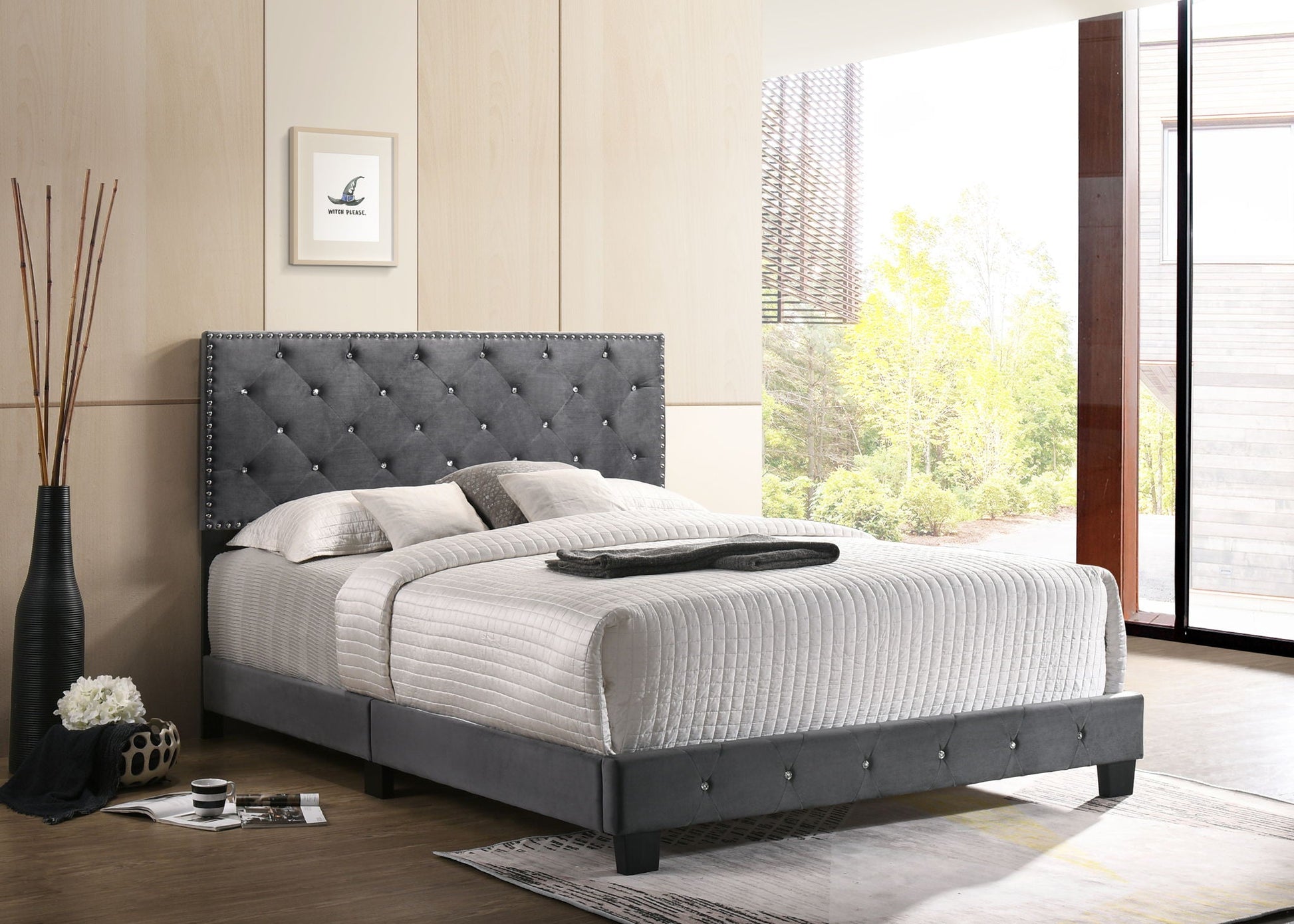 Luxurious Upholstered Bed by HouseOfZazla with tufted gray headboard and nailhead trim on Tampa Home & Garden Store
