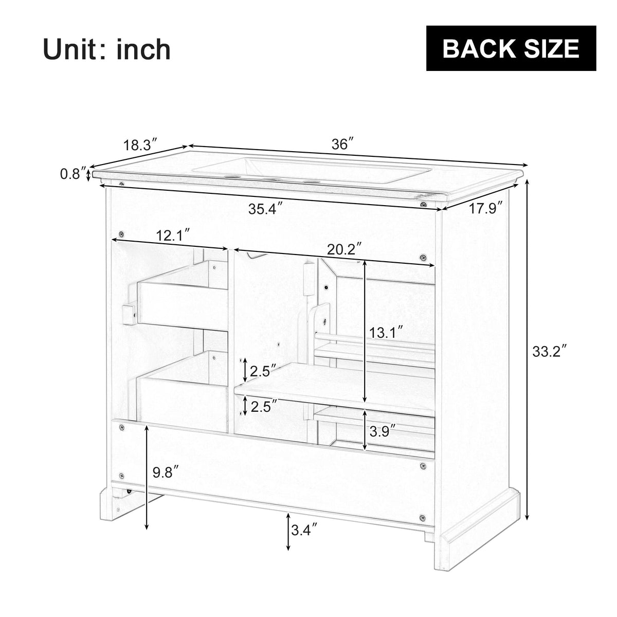 36-inch bathroom vanity with sink in dark gray or white, soft close hinges, measurement diagram on Tampa Home & Garden Store