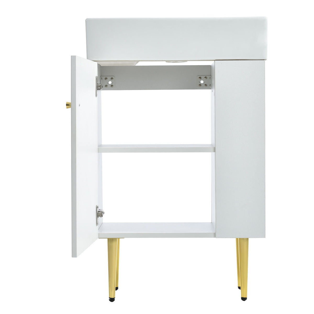 White bathroom vanity with side storage, open cabinet and gold tapered legs on Tampa Home & Garden Store