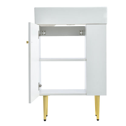 White bathroom vanity with side storage, open cabinet and gold tapered legs on Tampa Home & Garden Store