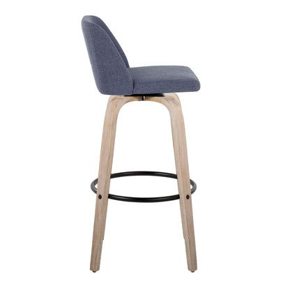 Blue fabric mid-century bar stool with curved light-wood legs and black circular footrest on Tampa Home & Garden Store