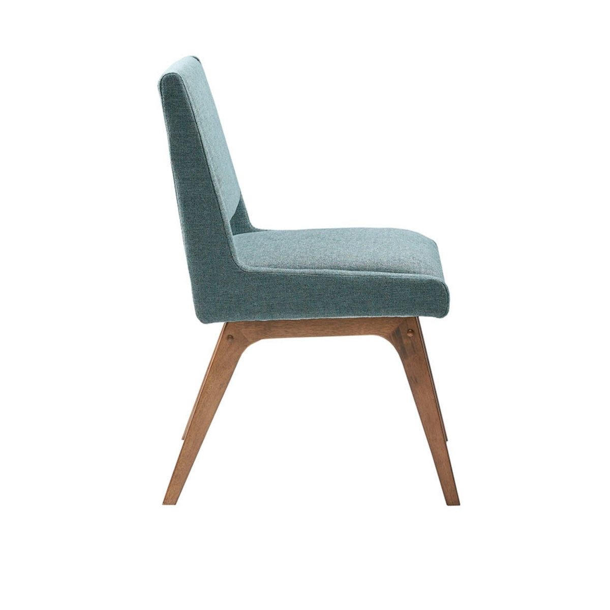 Blue upholstered dining chair with retro mid-century design and wooden legs on Tampa Home & Garden Store