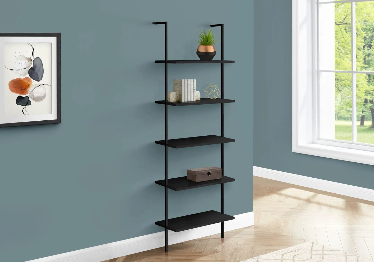 5-tier black metal etagere ladder shelf by Unique Piece Furniture for office with plant on Tampa Home & Garden Store