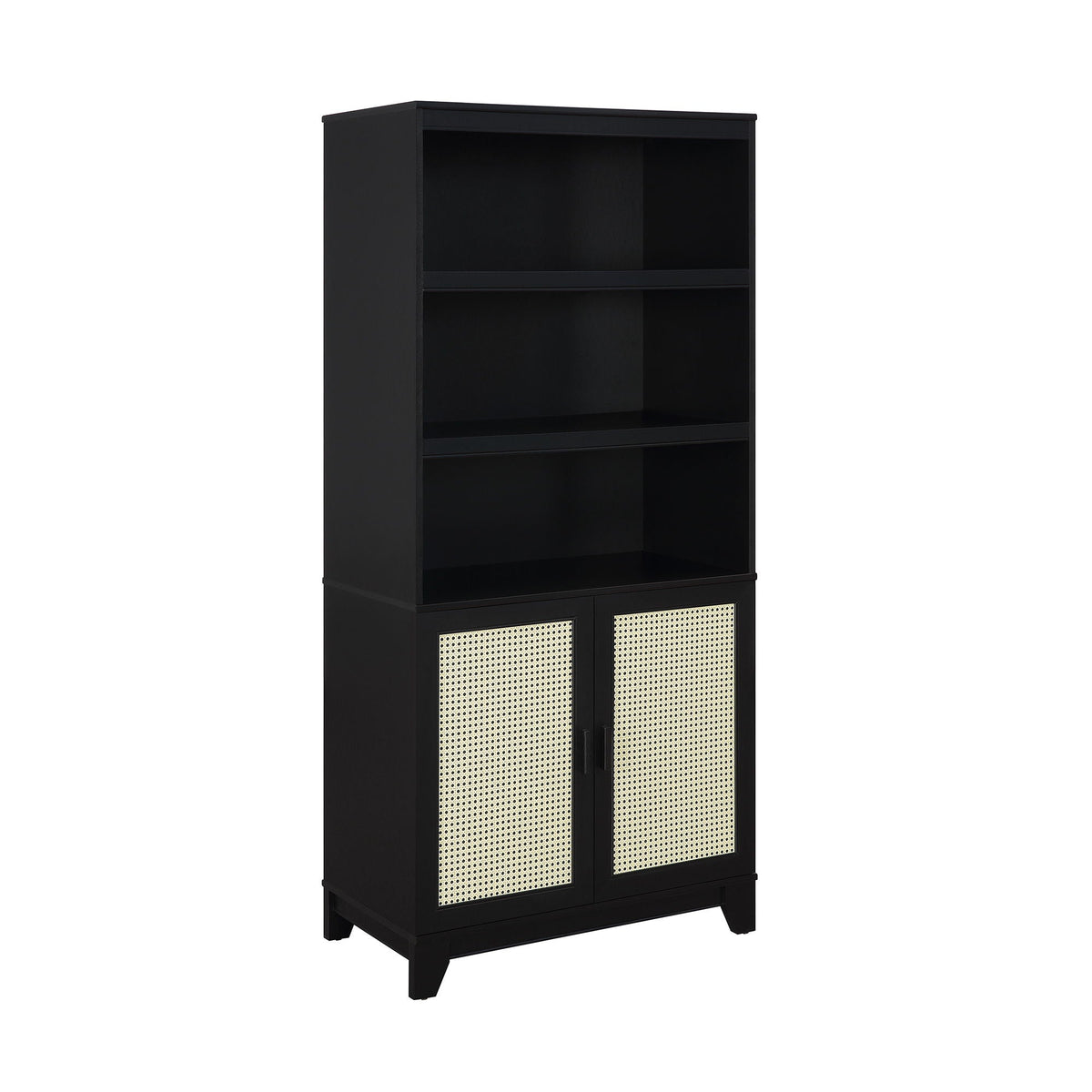 Sheridan bookcase cabinet with modern cane panels, black finish, 7 shelves on Tampa Home & Garden Store