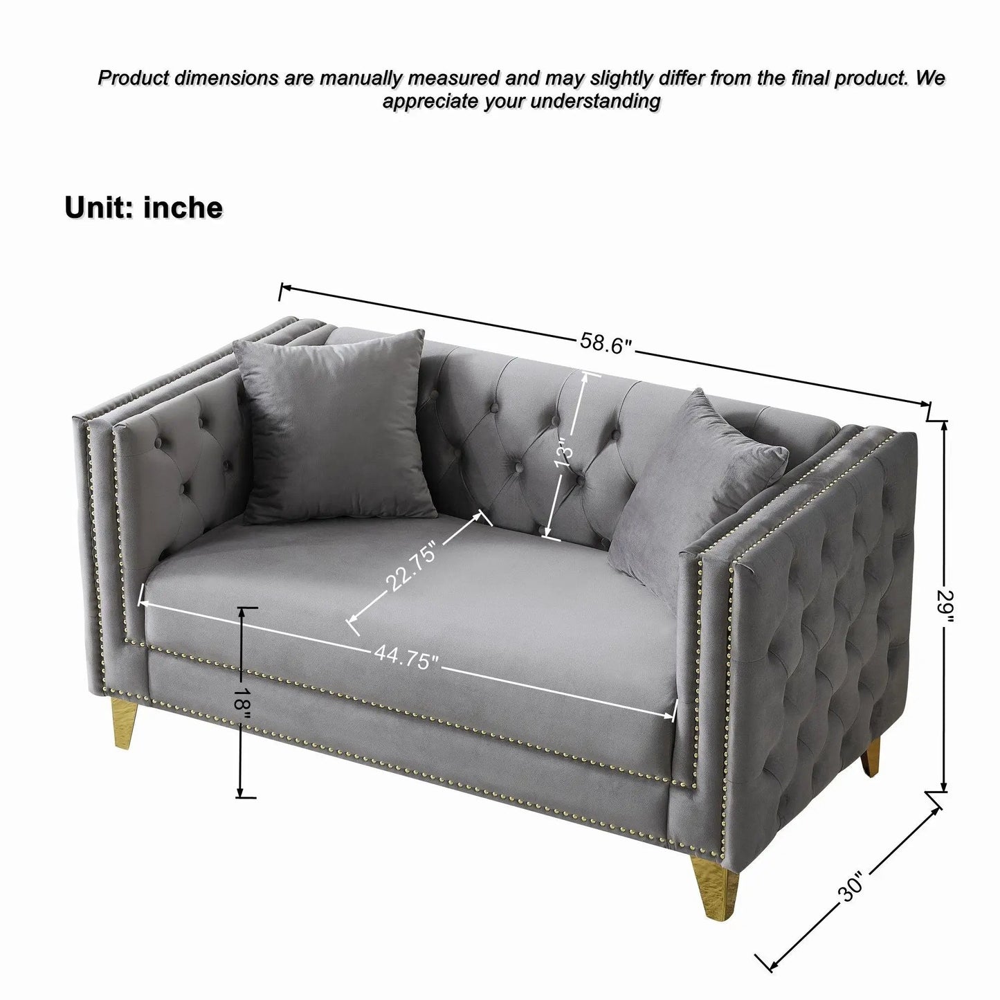 2 Seater Deep Seat Sofa with button tufting and nailhead trim, gray fabric, square arms on Tampa Home & Garden Store