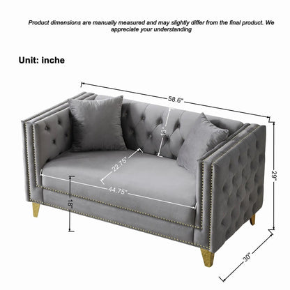 2 Seater Deep Seat Sofa with button tufting and nailhead trim, gray fabric, square arms on Tampa Home & Garden Store