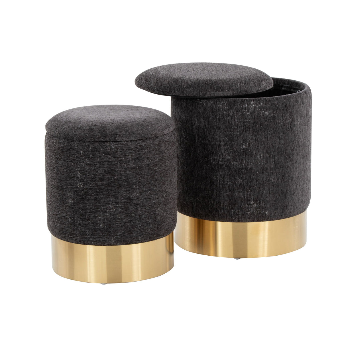 Contemporary nesting ottoman set with fabric tops and gold metal bases, 2-piece on Tampa Home & Garden Store