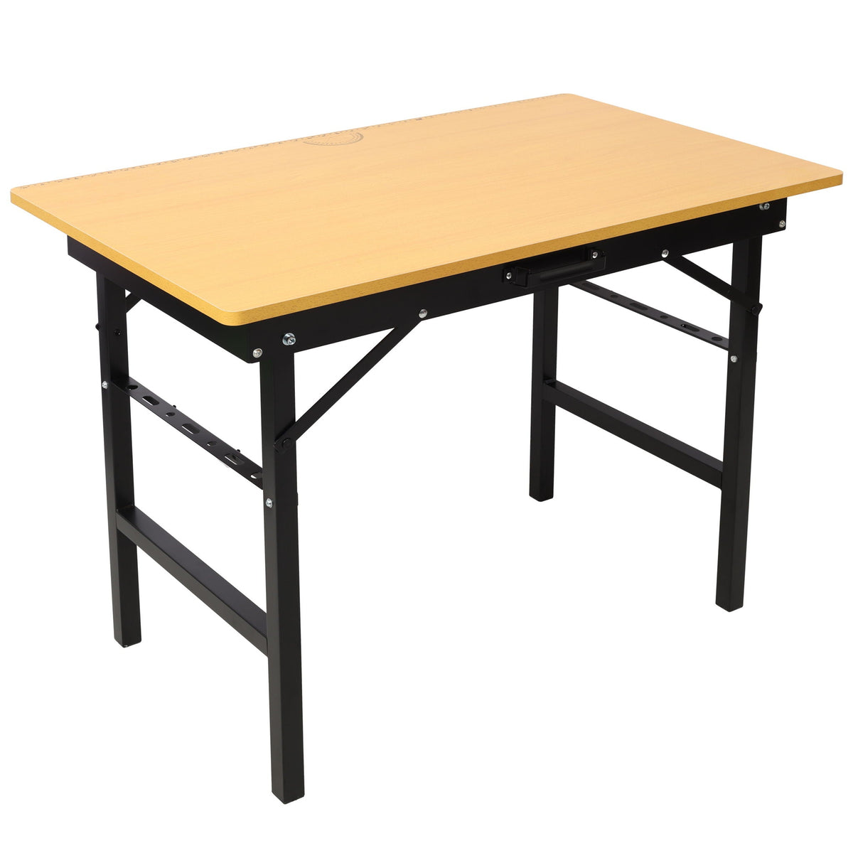 Portable folding work table with black frame and wood top, measuring tape and angle finder on Tampa Home & Garden Store