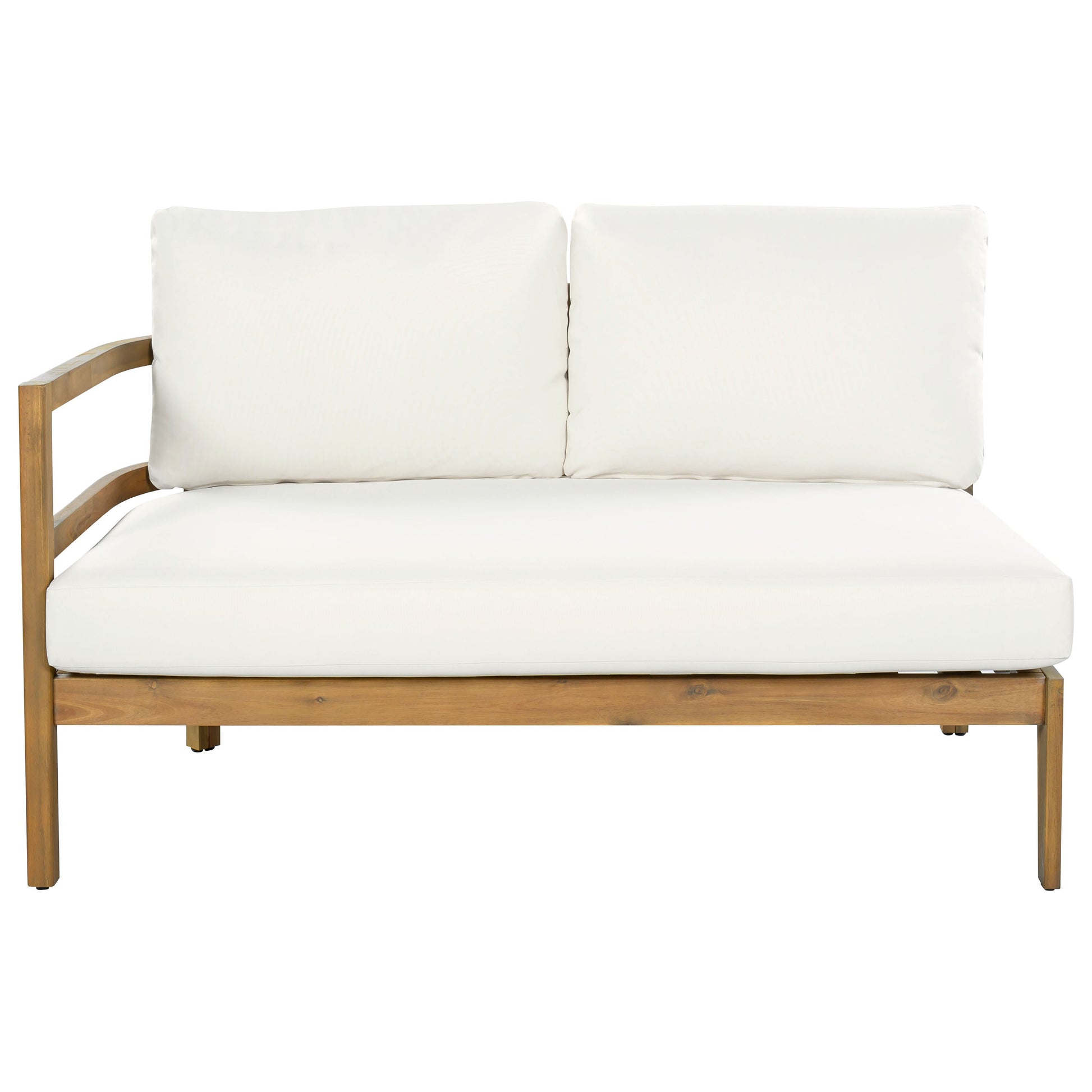 Outdoor Acacia Wood 7-Seater Sectional Sofa Set with white cushions and wooden frame on Tampa Home & Garden Store