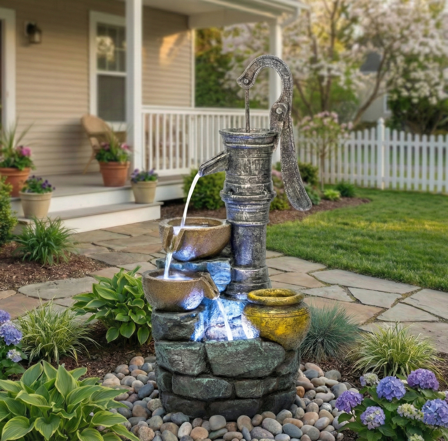 32'' H Large Outdoor Fountain with Vintage Pump weathered metal multi‑tier HouseOfZazla on Tampa Home & Garden Store
