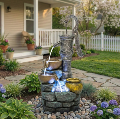 32'' H Large Outdoor Fountain with Vintage Pump weathered metal multi‑tier HouseOfZazla on Tampa Home & Garden Store
