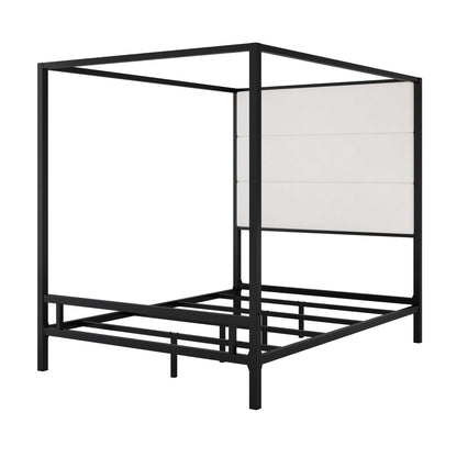 Canopy bed with tall upholstered headboard and 4-poster black metal frame by HouseOfZazla on Tampa Home & Garden Store