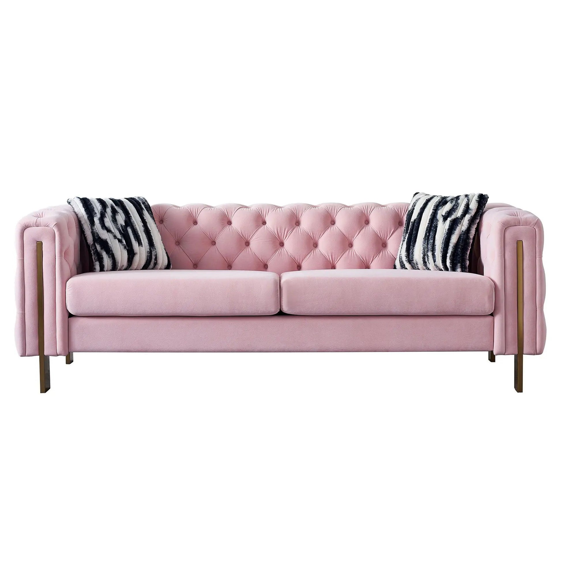 Chesterfield Modern Tufted Pink Sofa by Unique Piece Furniture, brass legs, striped pillows on Tampa Home & Garden Store