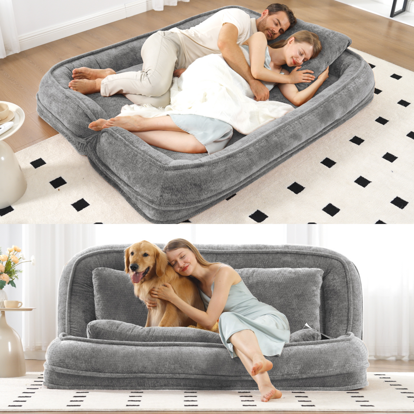 Double Human Dog Bed Loveseat gray plush bean bag couch by HouseOfZazla, extra large on Tampa Home & Garden Store