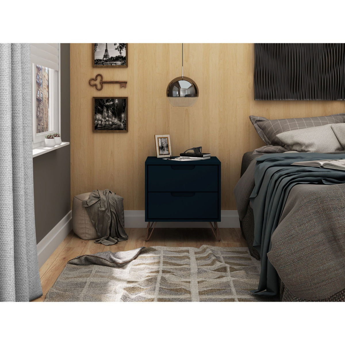 2 Drawer Nightstand by HouseOfZazla in navy blue with copper splayed legs on Tampa Home & Garden Store