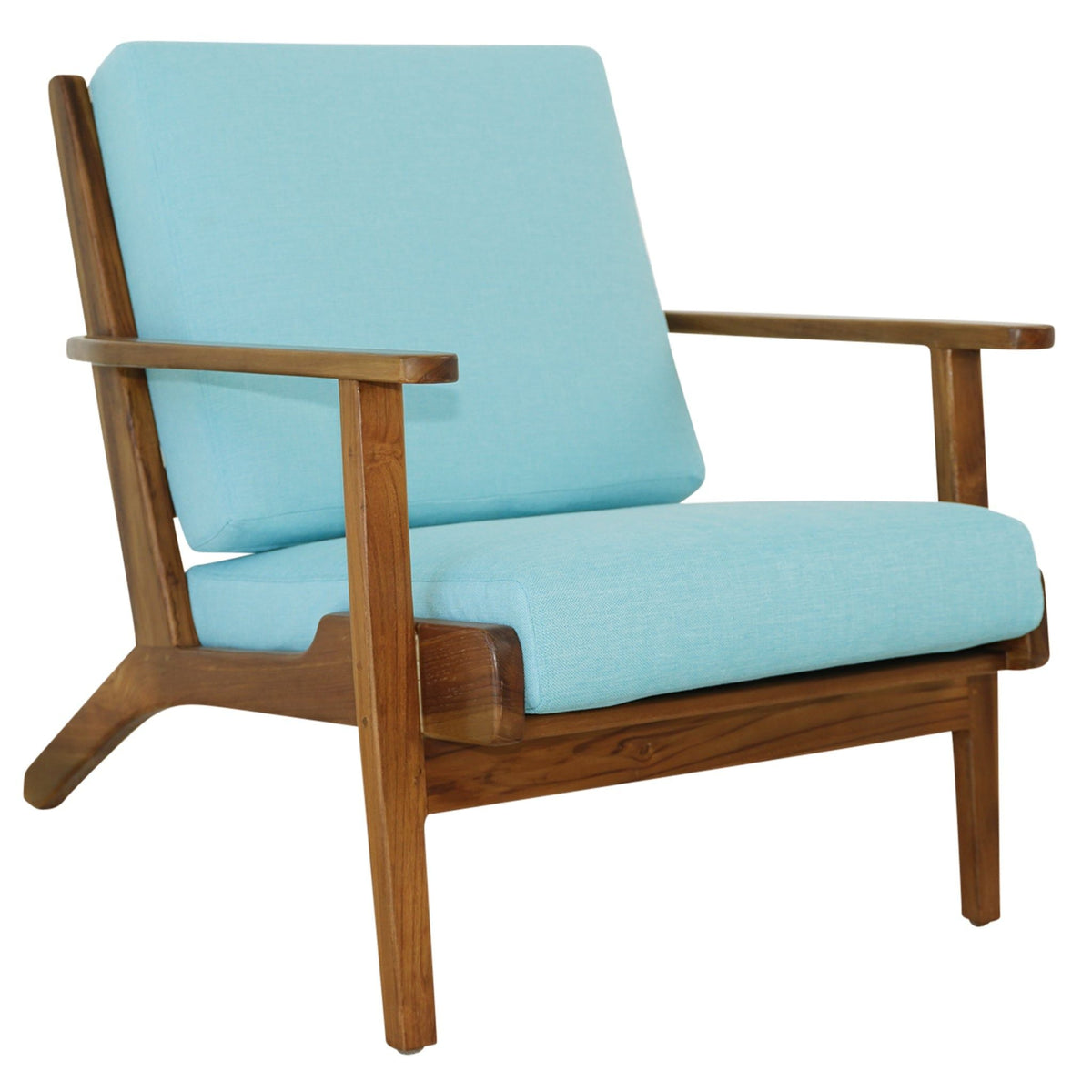 Genuine lounge chair with solid wood frame and light blue cushions, HouseOfZazla armchair on Tampa Home & Garden Store