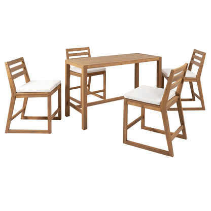 Patio Bar Set With Ergonomic Chairs 5-piece outdoor wood dining set with white cushions on Tampa Home & Garden Store