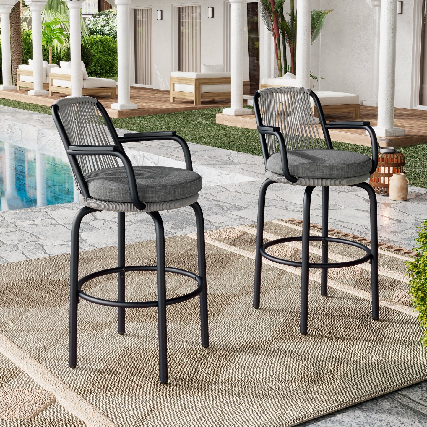 Outdoor Patio Bar Stools Set of 2 Woven Rattan