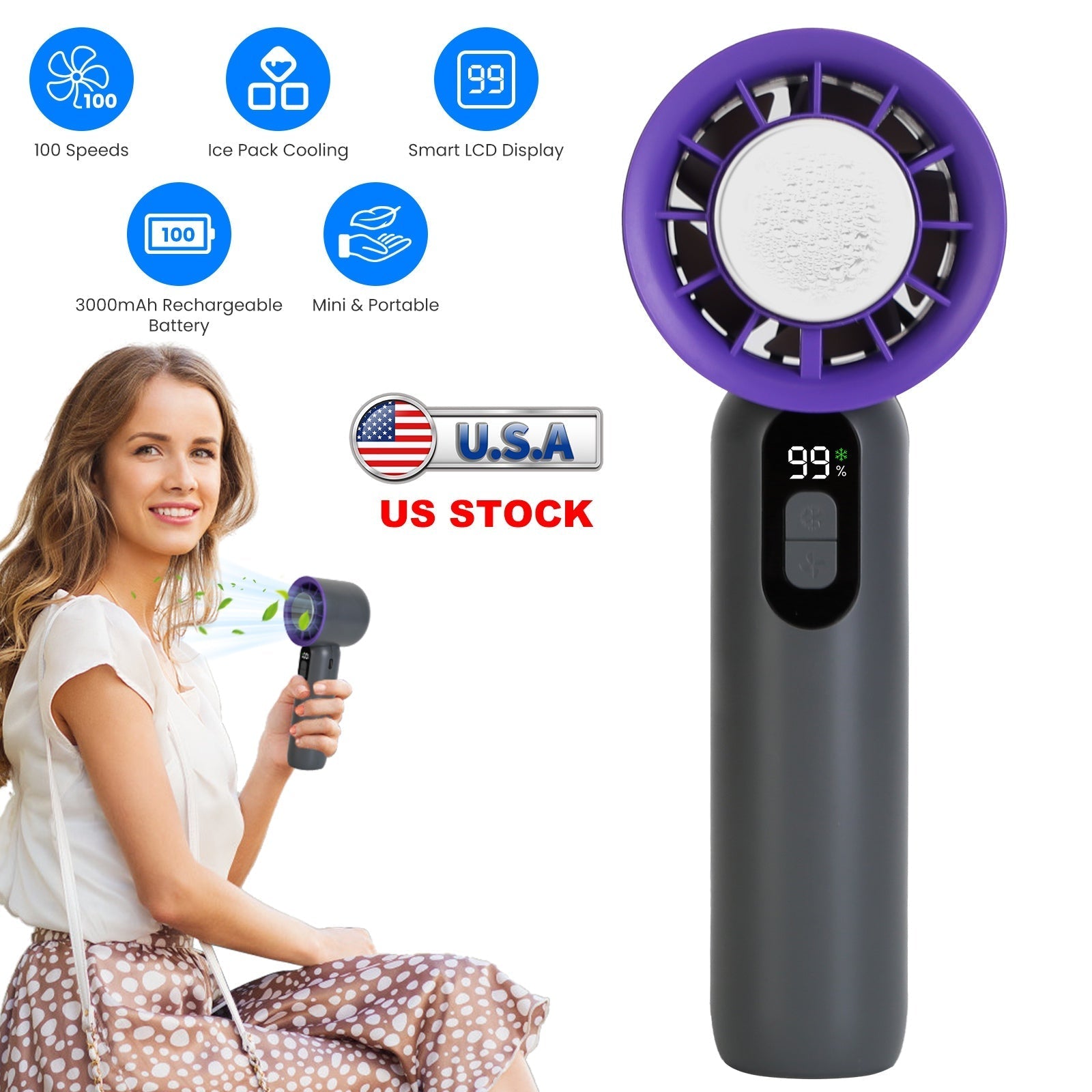 GemGear 100-speed handheld fan with ice cooler, purple head, LCD display, 3000mAh portable on Tampa Home & Garden Store