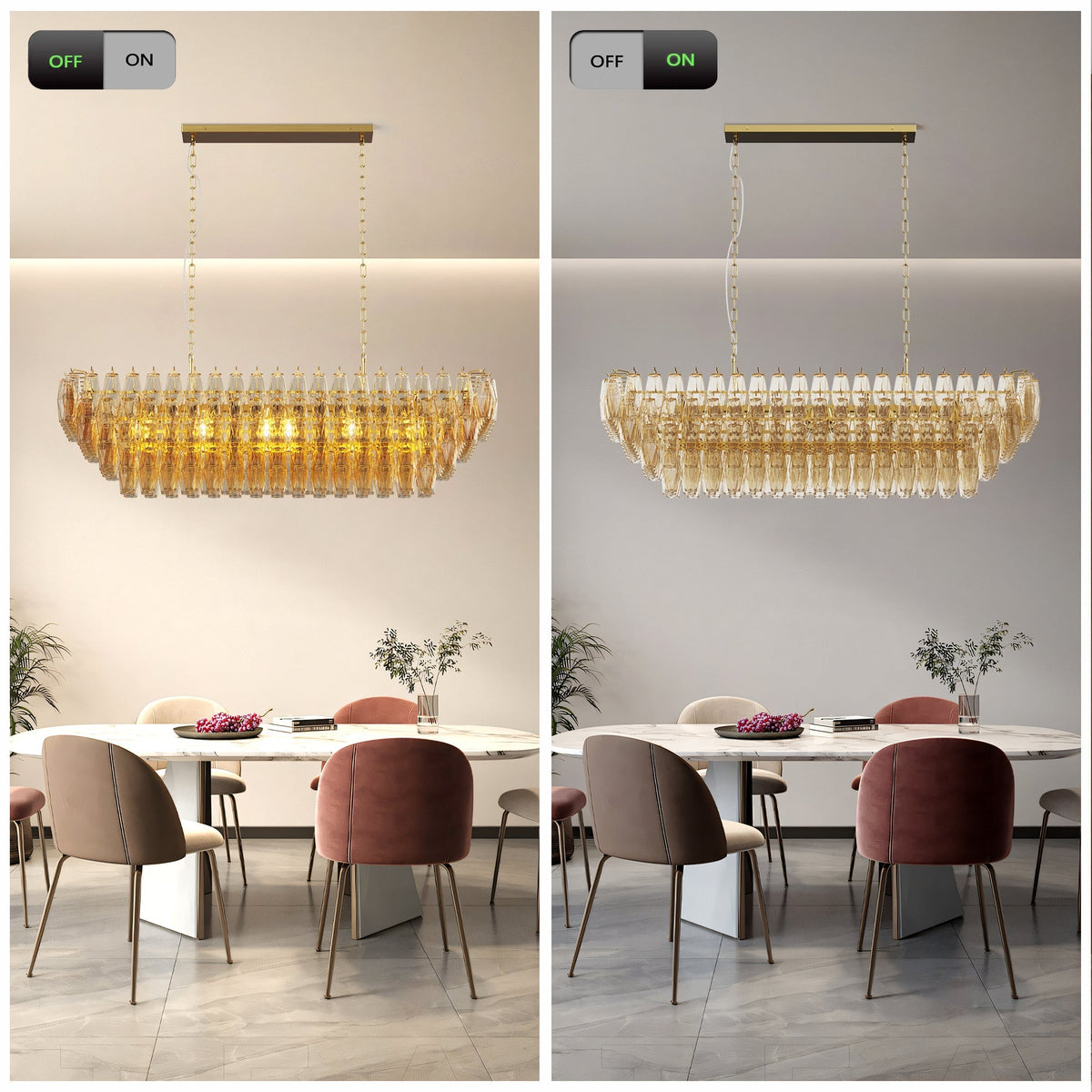 Modern 54in rectangle gold chandelier over dining table with crystal prisms on Tampa Home & Garden Store