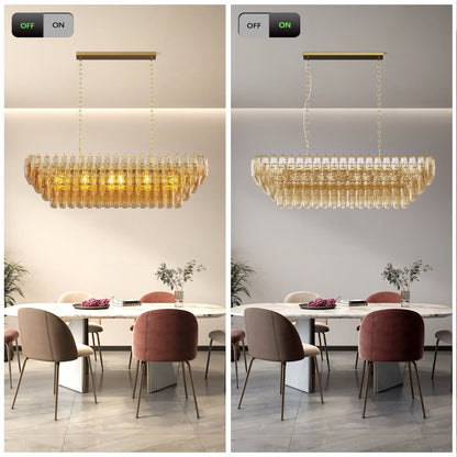 Modern 54in rectangle gold chandelier over dining table with crystal prisms on Tampa Home & Garden Store