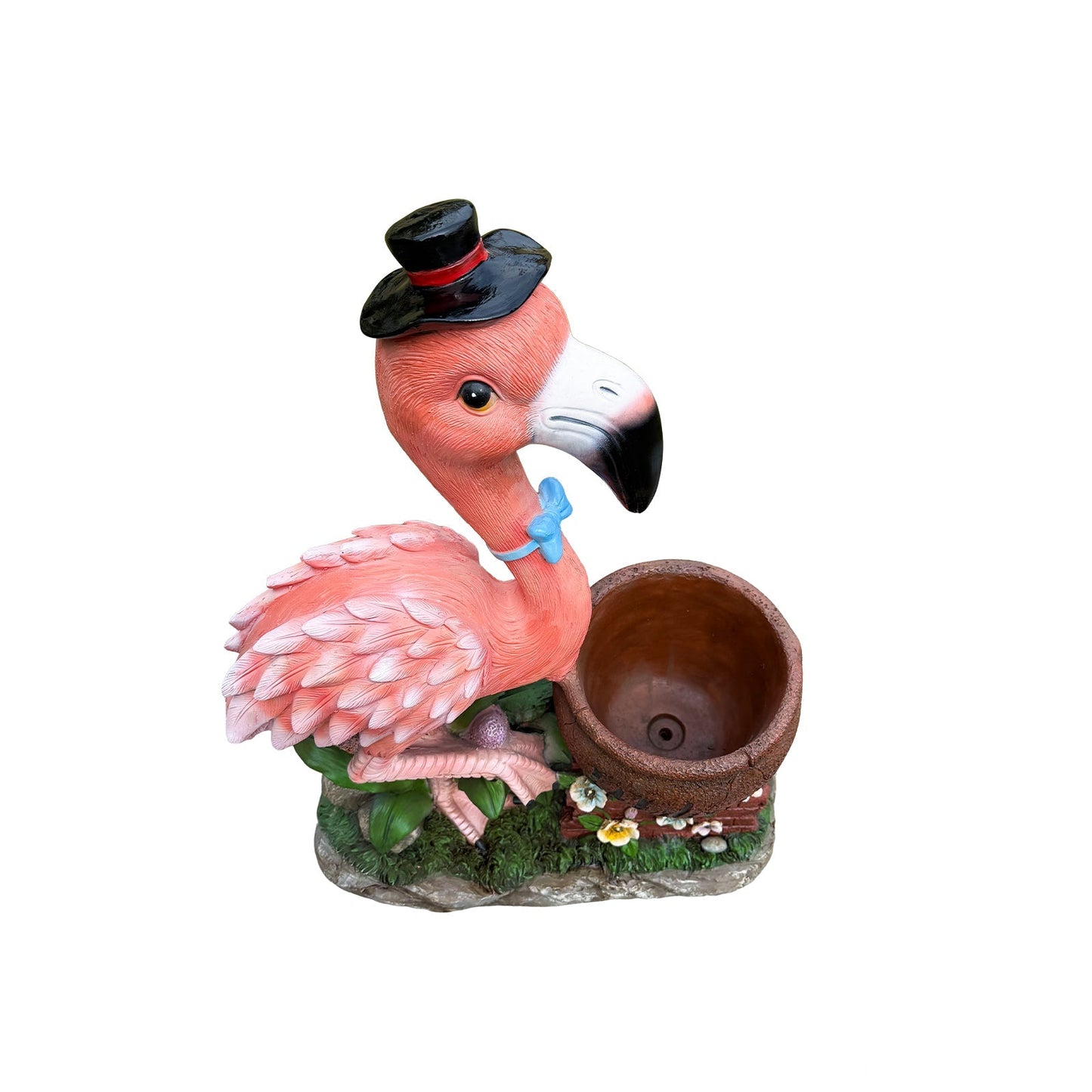 Garden sculpture Flamingo flower pot planter with pink body black hat blue bow by HouseOfZazla on Tampa Home & Garden Store