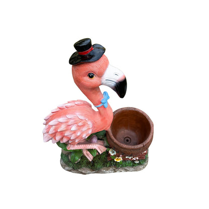 Garden sculpture Flamingo flower pot planter with pink body black hat blue bow by HouseOfZazla on Tampa Home & Garden Store