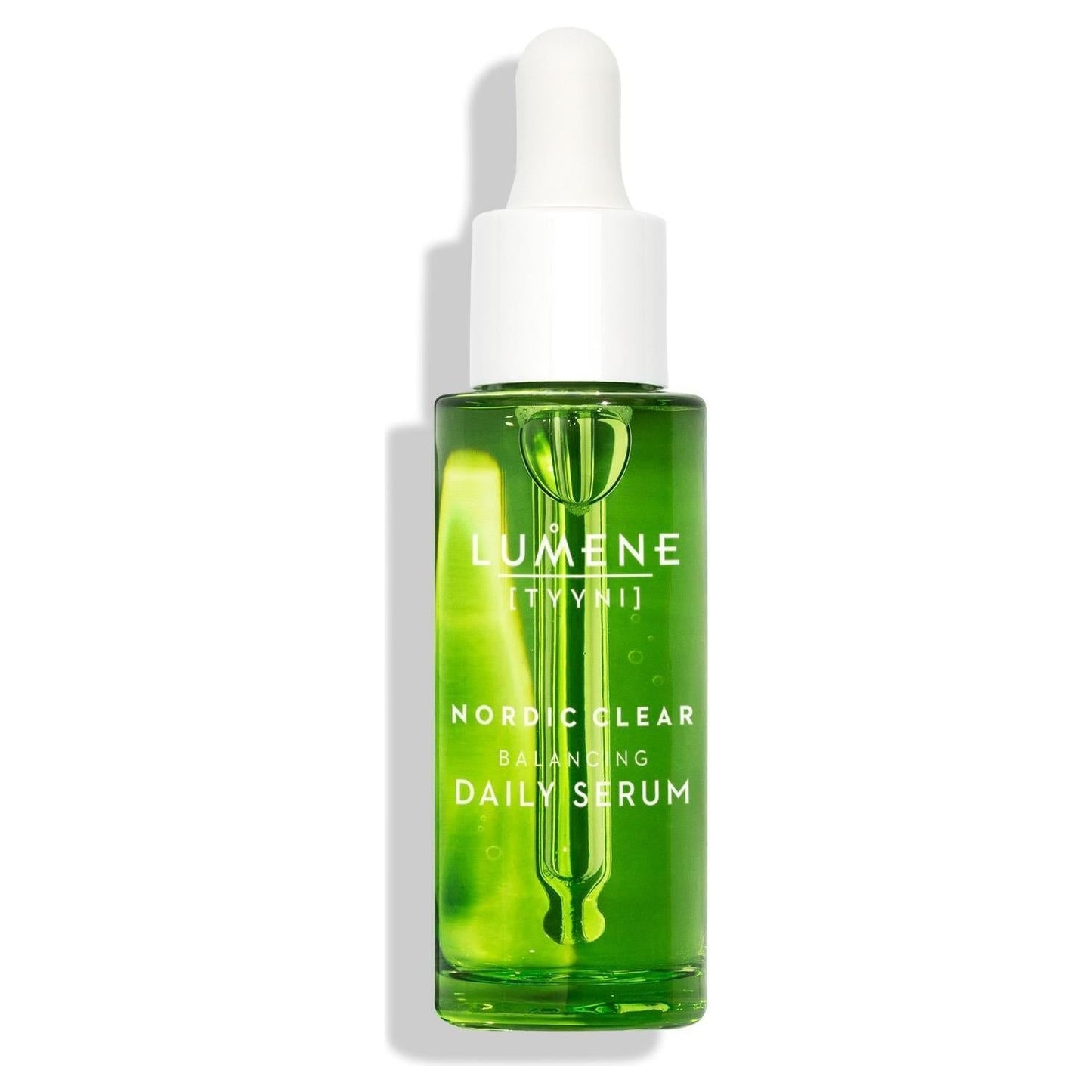 Lumene Nordic Clear Balancing Daily Serum bottle with white dropper on green glass on Tampa Home & Garden Store