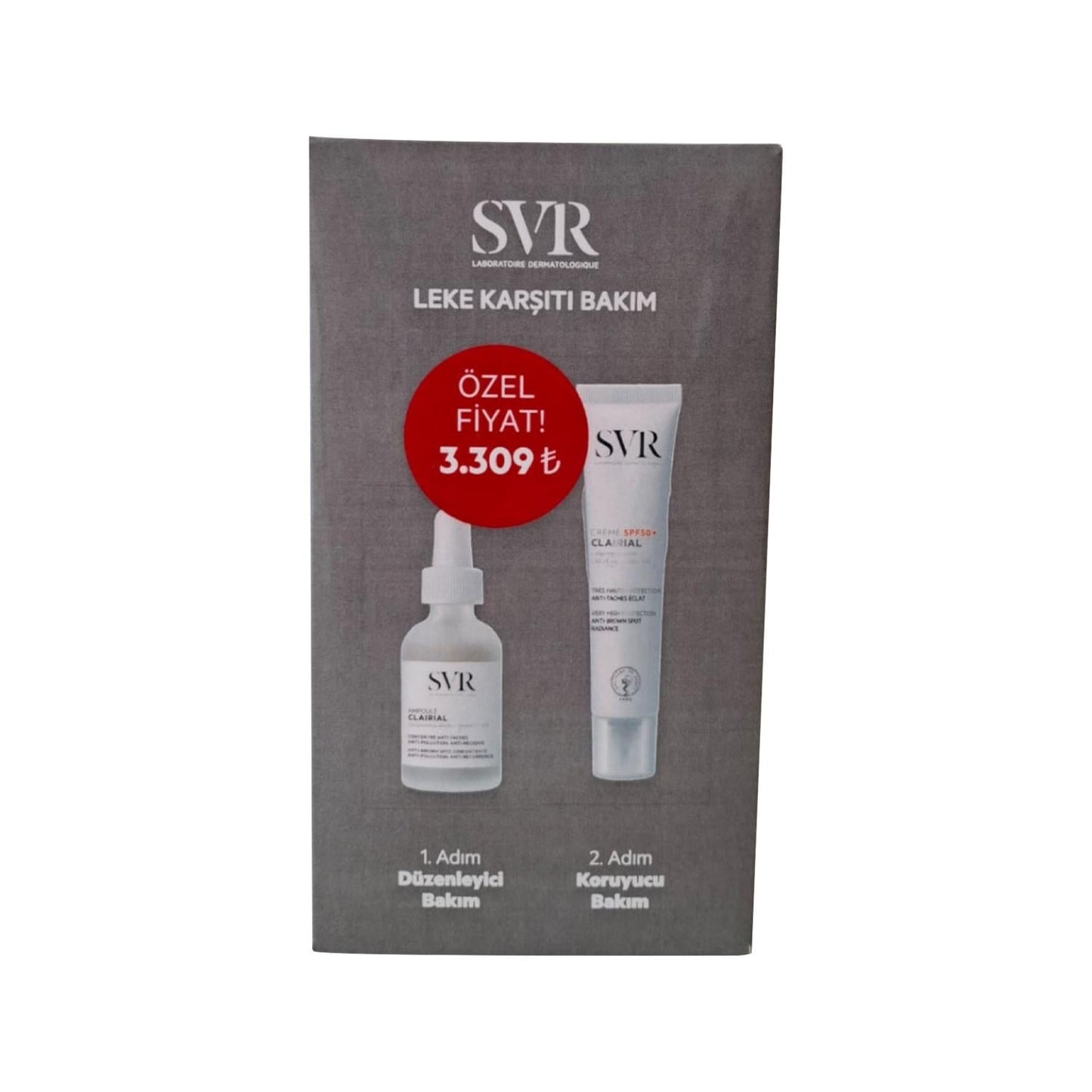 SVR Clairial Dark Spot Care Set with dropper bottle and tube on gray card by Beauty Care Bag on Tampa Home & Garden Store