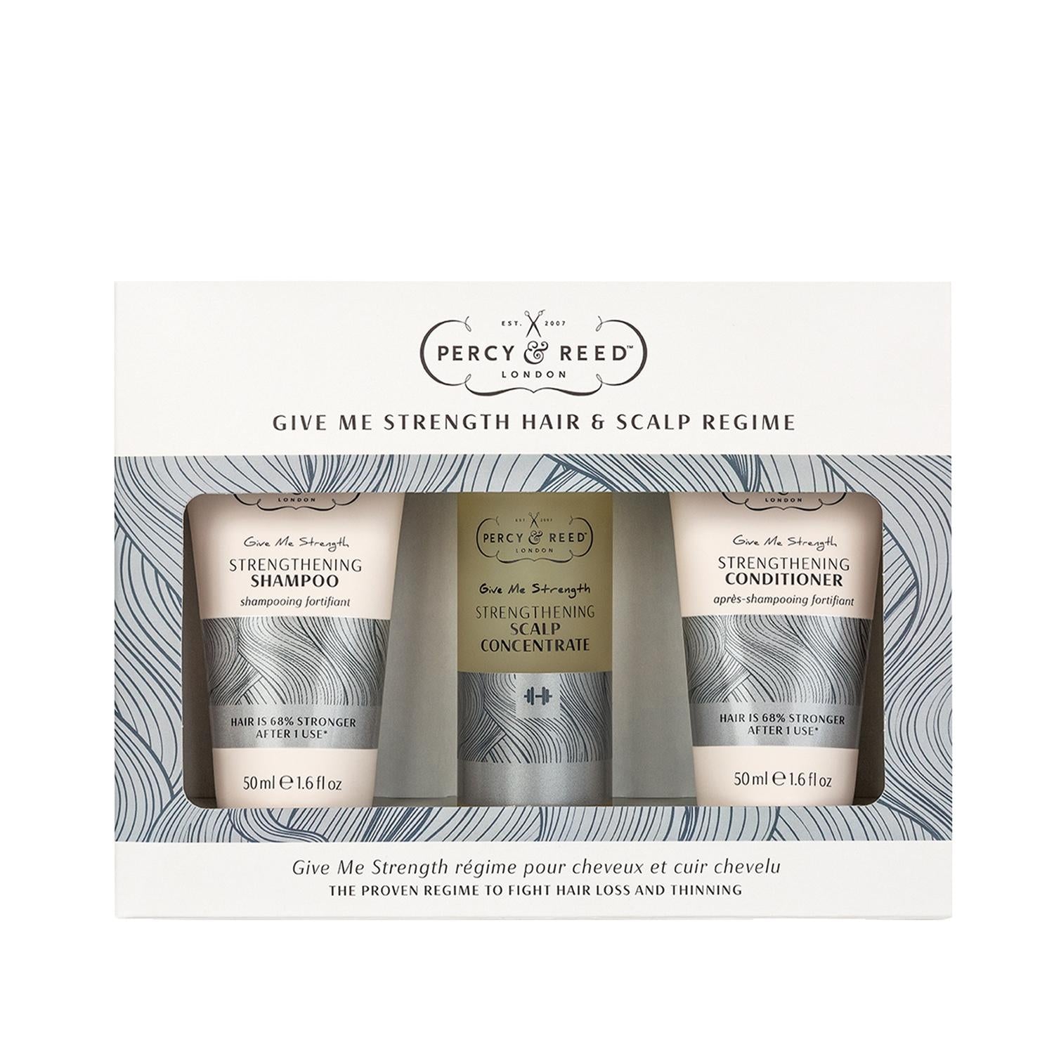 Give Me Strength set by Percy & Reed with shampoo, conditioner and scalp concentrate in a box on Tampa Home & Garden Store
