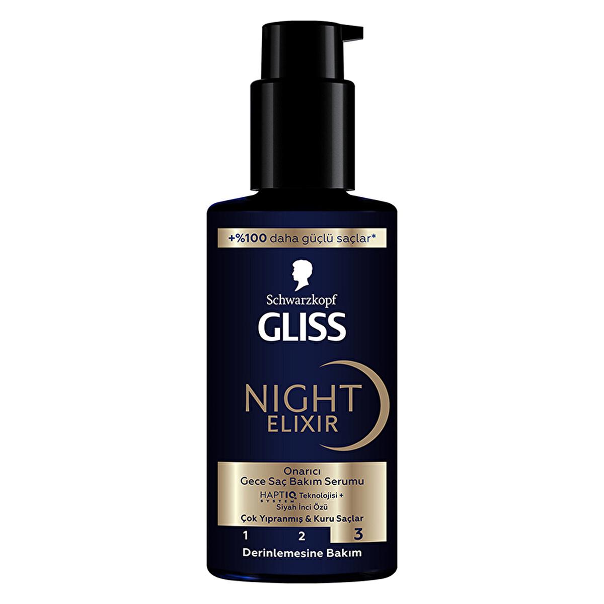 Gliss Night Elixir serum bottle in dark blue with black pump, gold label and Schwarzkopf branding on Tampa Home & Garden Store