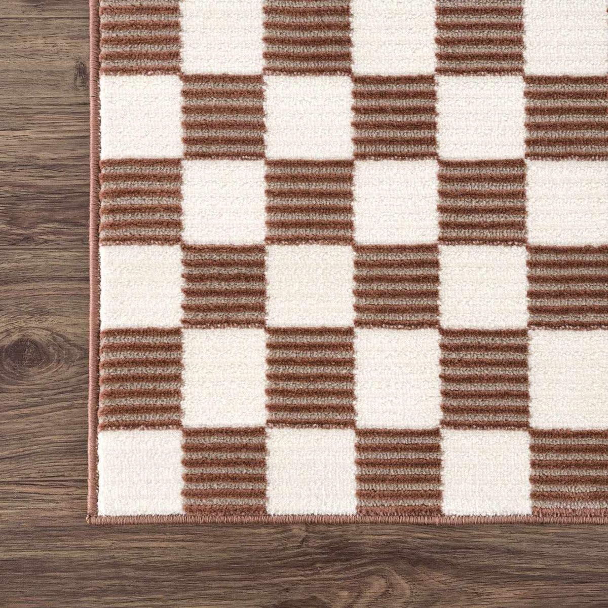Kaysar Brown Checkered Washable Area Rug by Boutique Rugs, brown and cream checker pattern on Tampa Home & Garden Store