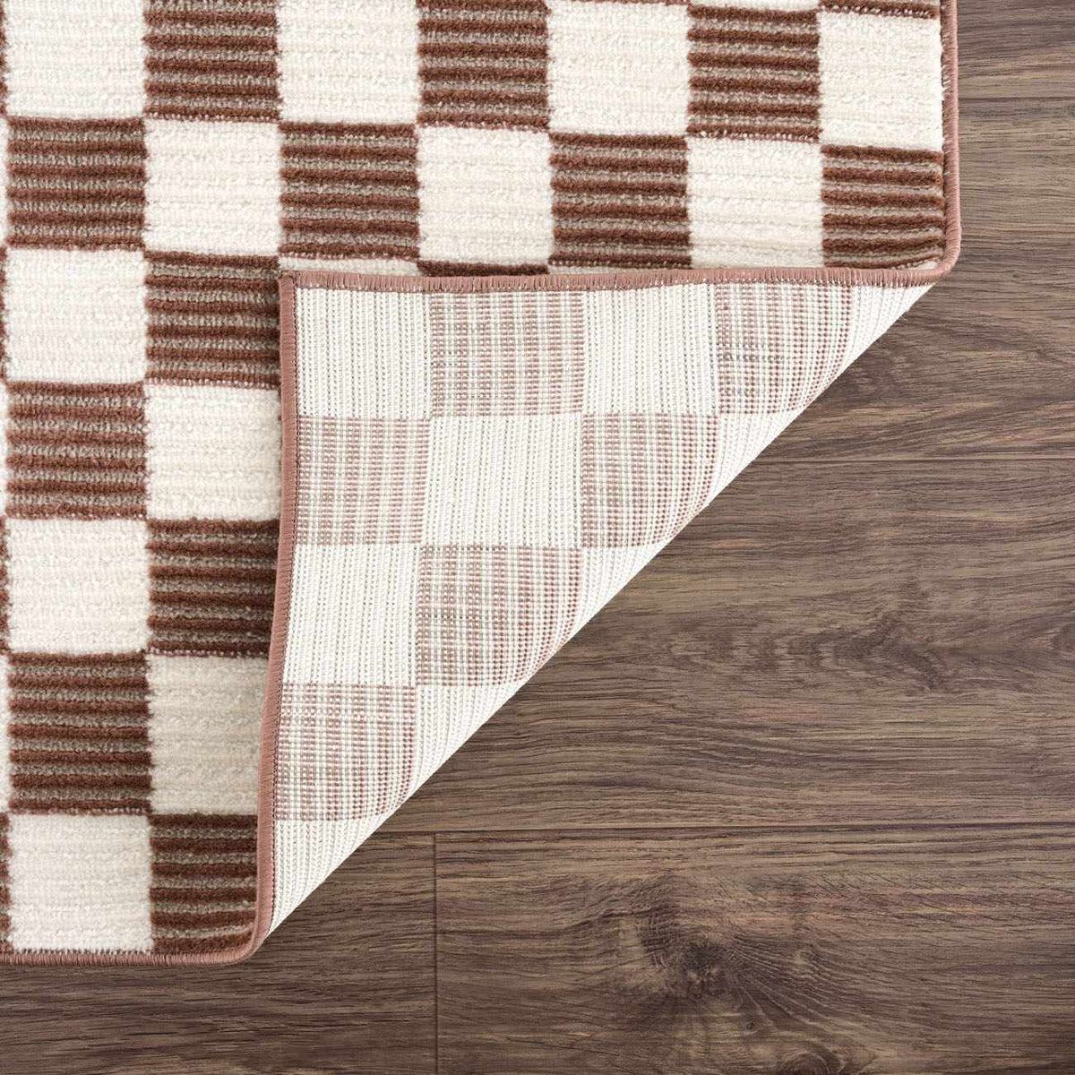 Kaysar Brown Checkered Washable Area Rug by Boutique Rugs, brown cream checkered design on Tampa Home & Garden Store