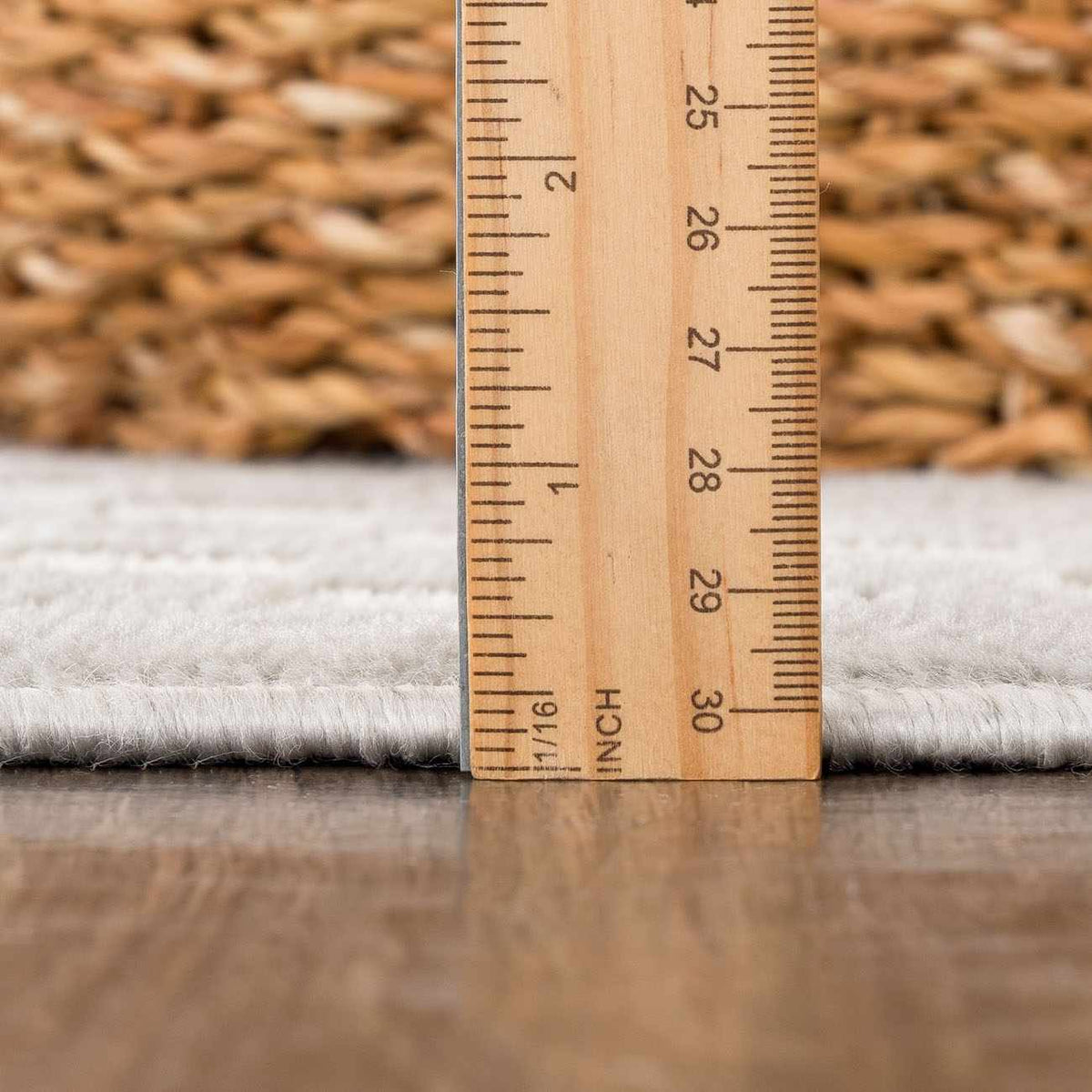 Gaiwan cream gray washable area rug with a soft low-pile texture and ruler for scale on Tampa Home & Garden Store