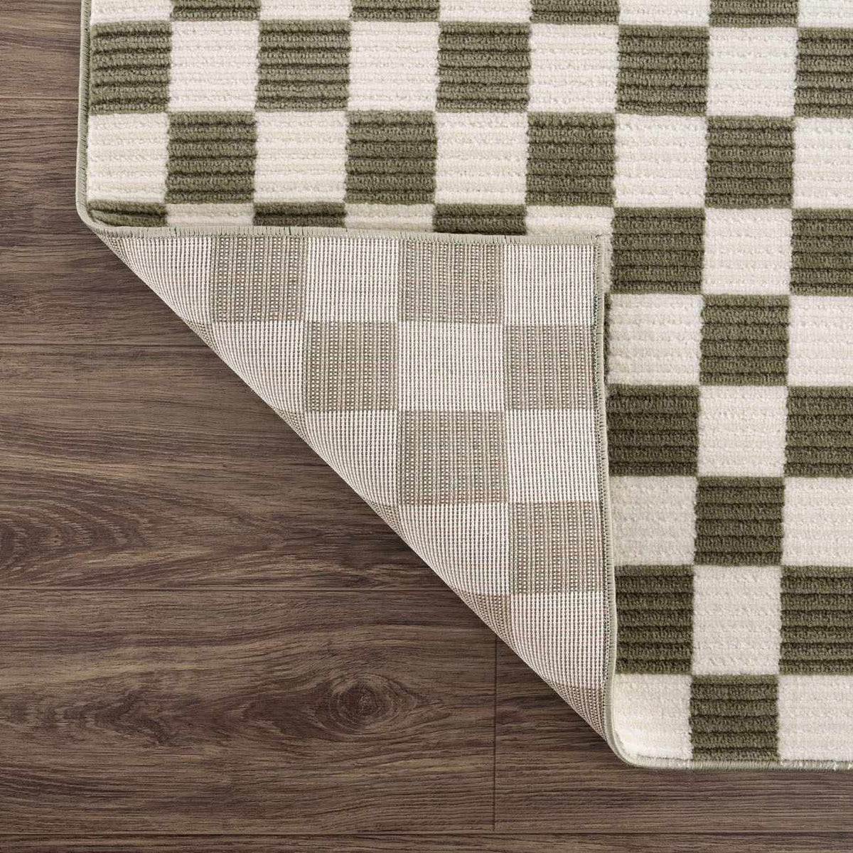 Kaysar olive green checkered washable area rug by Boutique Rugs with cream accents on Tampa Home & Garden Store