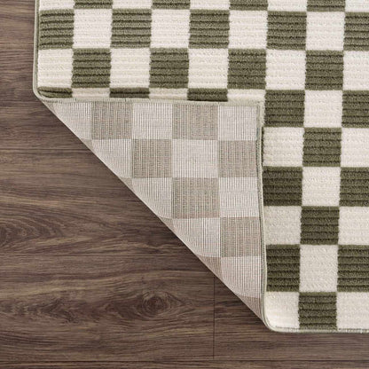 Kaysar olive green checkered washable area rug by Boutique Rugs with cream accents on Tampa Home & Garden Store