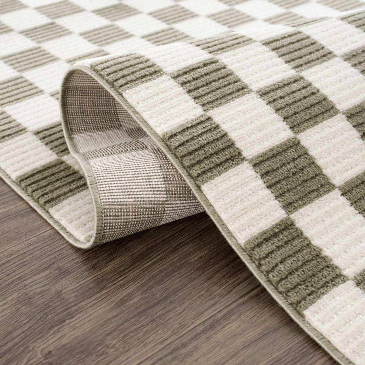 Kaysar Olive Green Checkered Washable Area Rug olive green and cream plaid Boutique Rugs on Tampa Home & Garden Store