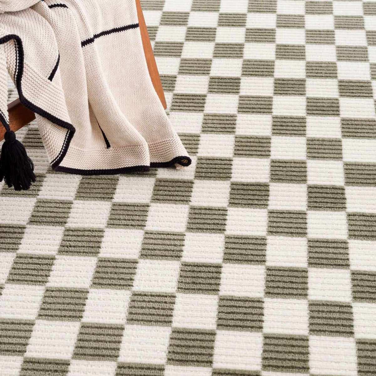 Kaysar olive green checkered washable area rug with cream squares Boutique Rugs on Tampa Home & Garden Store