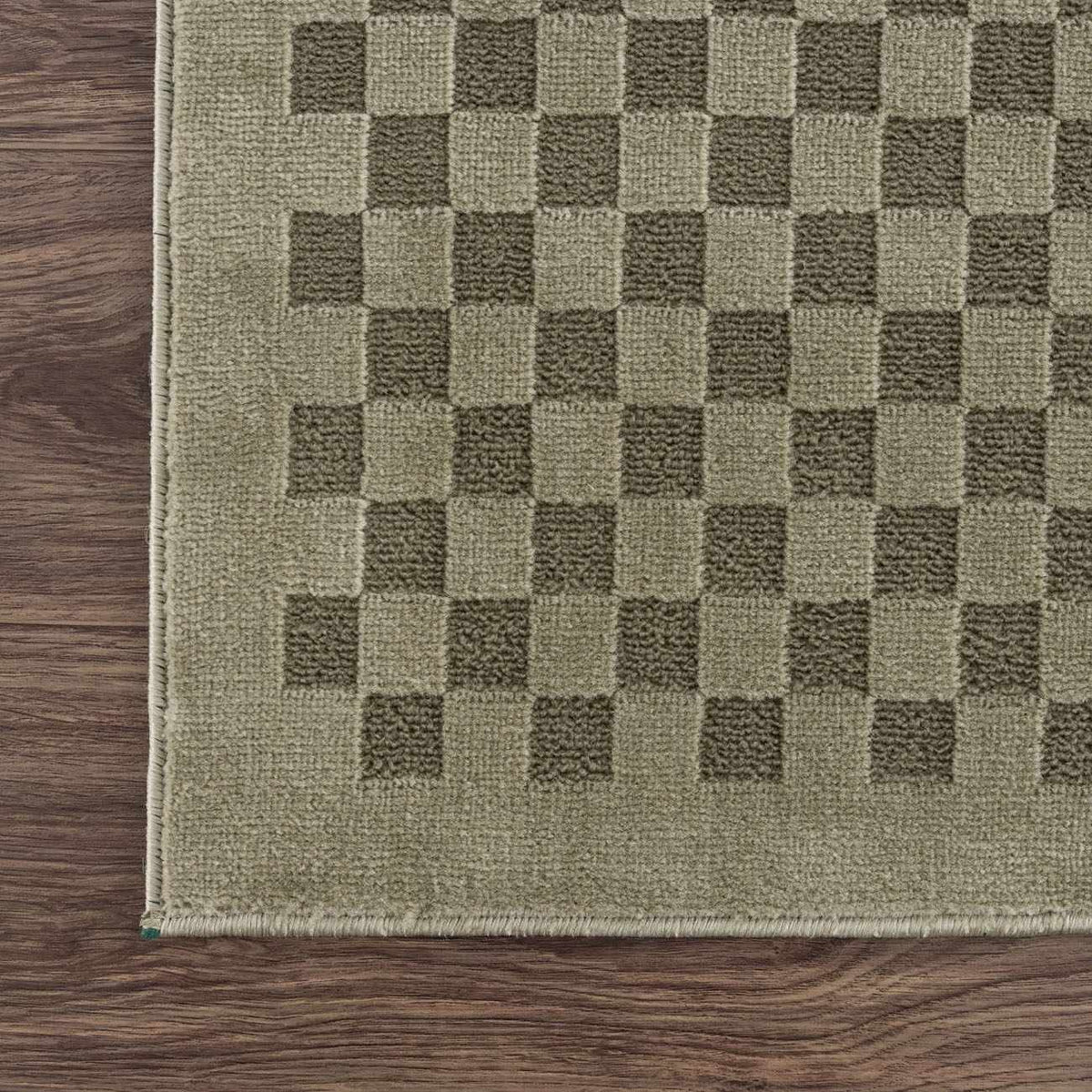 Gaiwan olive green washable area rug with checkerboard pattern on a wooden floor on Tampa Home & Garden Store