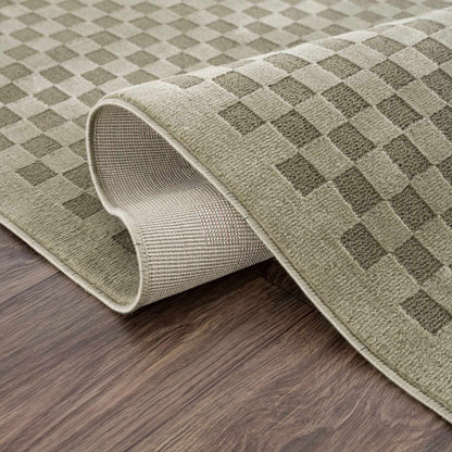 Gaiwan olive green washable area rug by Boutique Rugs with a checkerboard pattern on Tampa Home & Garden Store