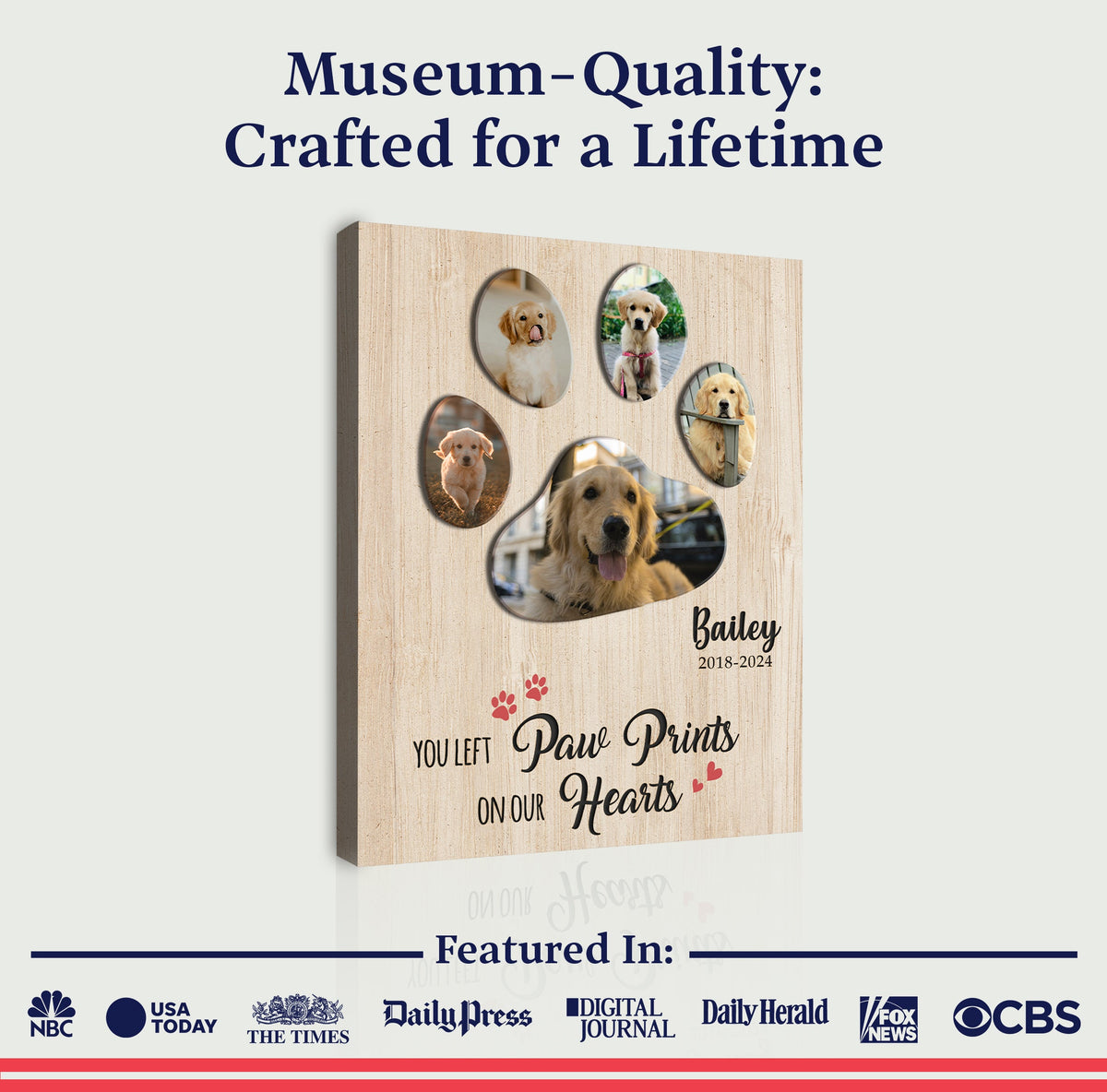 Pet memorial sign canvas by Tailored Canvases - wood-grain canvas with paw-print photo frames on Tampa Home & Garden Store