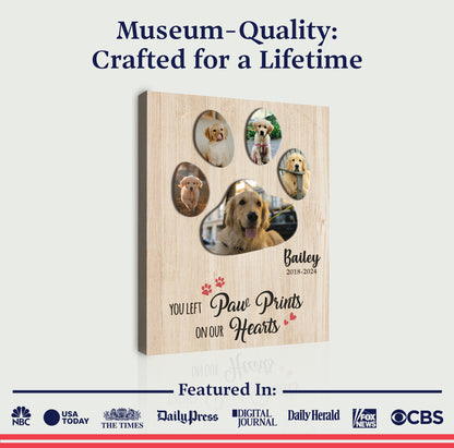 Pet memorial sign canvas by Tailored Canvases - wood-grain canvas with paw-print photo frames on Tampa Home & Garden Store