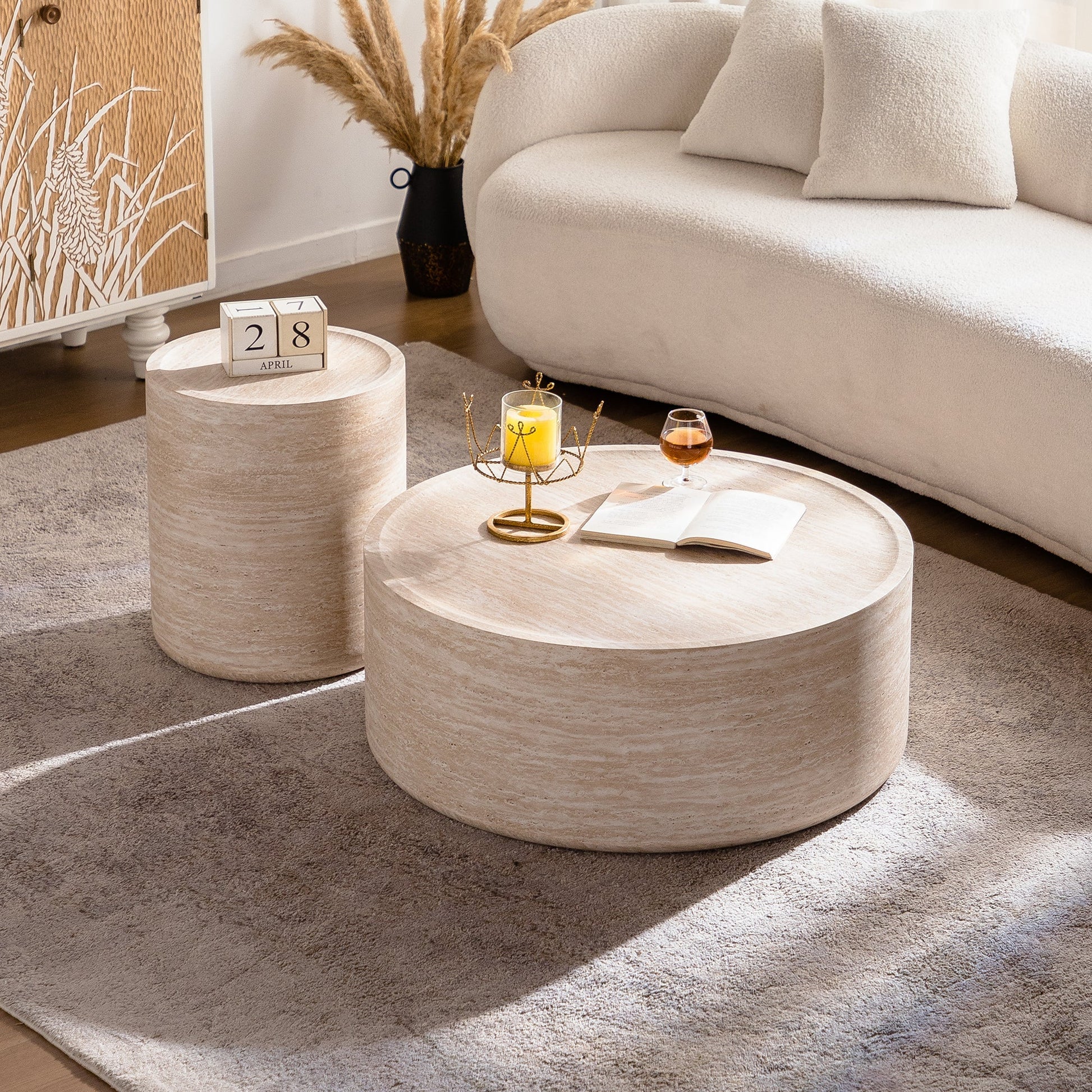 31.5'' Round Coffee Tables with Mars Pattern set of 2 in beige stone finish HouseOfZazla on Tampa Home & Garden Store