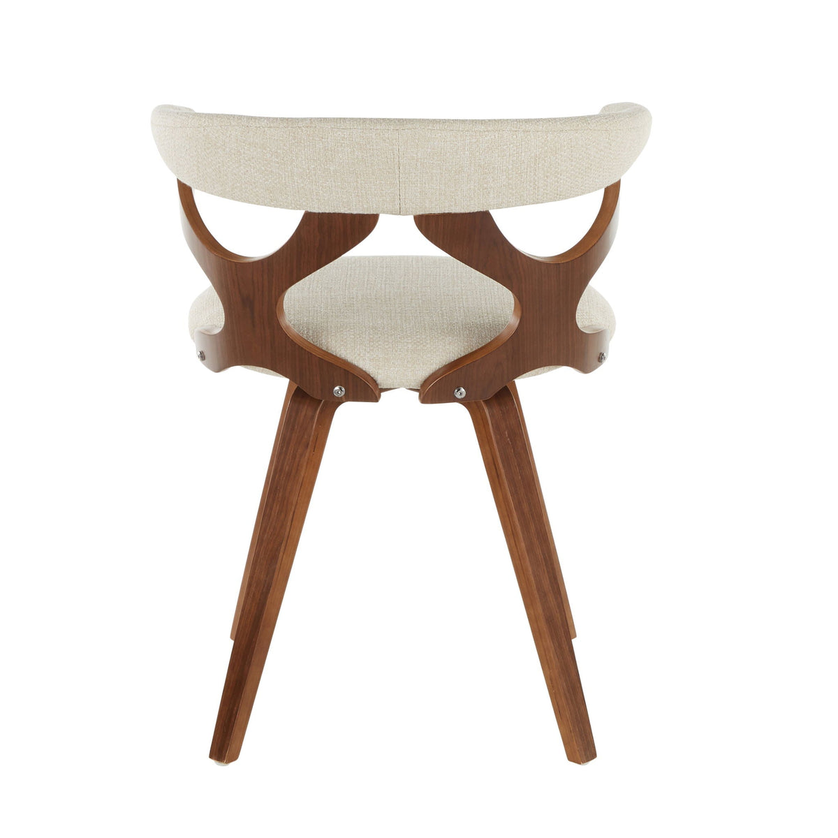 Mid-century modern kids dining chair with beige fabric upholstery and curved wooden frame on Tampa Home & Garden Store