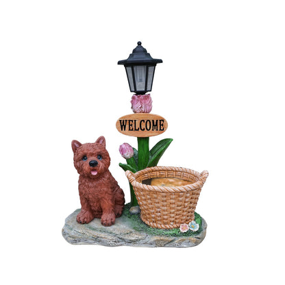 Sitting puppy solar planter statue with brown dog, black lantern, pink tulips and wicker basket on Tampa Home & Garden Store