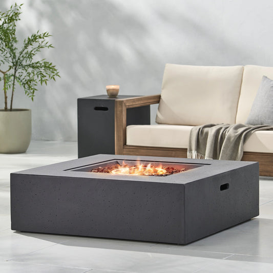 Outdoor fire pit 50000 BTU propane, dark grey with tank holder, glowing embers on Tampa Home & Garden Store