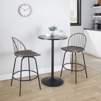 Farmhouse 3 counter stools with swivel dark brown seats and round footrests around a black table on Tampa Home & Garden Store