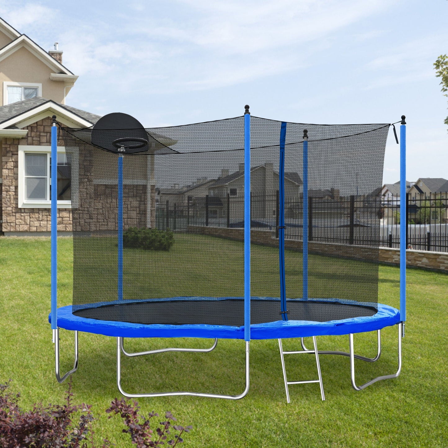 12ft Trampoline with Basketball Hoop and Blue Net
