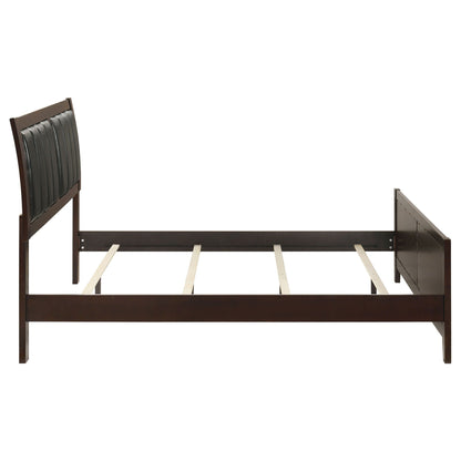 Queen panel bed with brown upholstered headboard and footboard, dark wood frame on Tampa Home & Garden Store